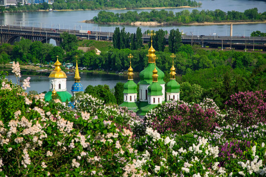 Vydubychi Monastery with green and golden domes framed by blooming lilacs, overlooking the Dnieper and a distant bridge on a bright spring day in Kyiv, Ukraine
