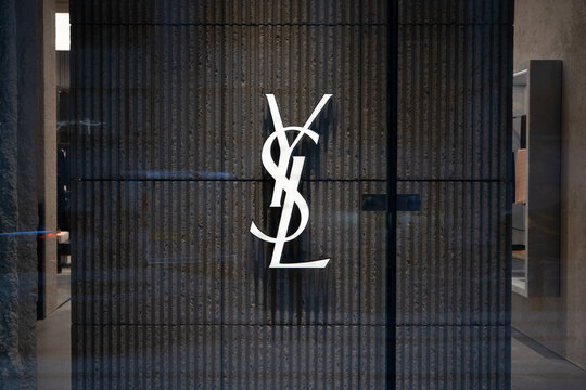 YSL Saint Laurent store logo sign. French luxury fashion house, iconic for its modern elegance, haute couture heritage. Yves Saint Laurent SAS shop with brand logo on March 24, 2025 in Krakow, Poland.