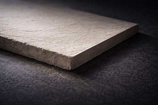 Close-up of a single beige plasterboard sheet with a rough, textured surface and sharp edges, resting on a dark background. Concept of construction and materials.