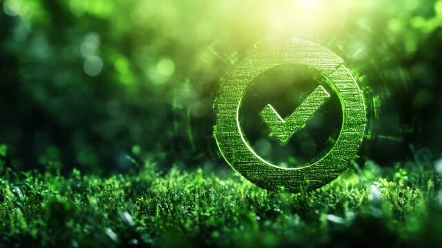 A glowing green checkmark embedded in lush, vibrant green foliage and bokeh