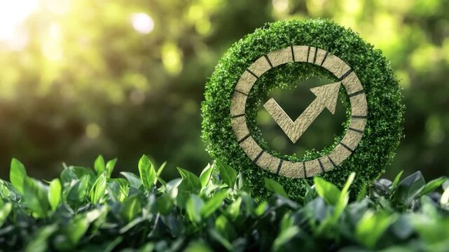 A green, leafy symbol with an upward arrow in a circle, over green foliage