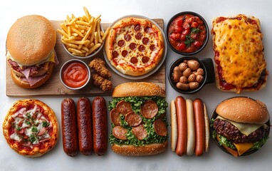 A variety of fast food items including burgers hot dogs pizza and fries arranged on a table