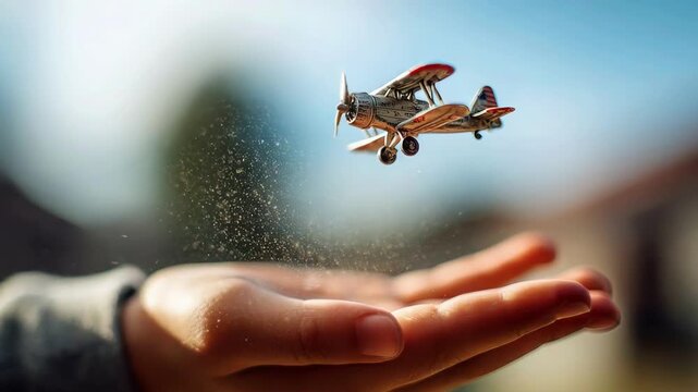 Miniature biplane whirs above an outstretched hand with glittering dust in the foreground, soft blue sky and suburban blur in the background, shallow depth, concept of childhood imagination and dreams