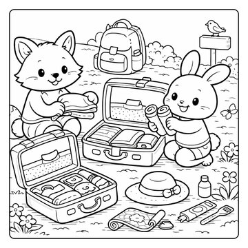 Adventure Companion Coloring Book: A playful fox and a cute rabbit prepare for their adventure, surrounded by a suitcase and accessories on the grassy knoll, filled with the excitement of travel.