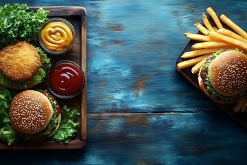 A mouthwatering spread of fast food including burgers fries and condiments on wooden trays against a rustic blue background