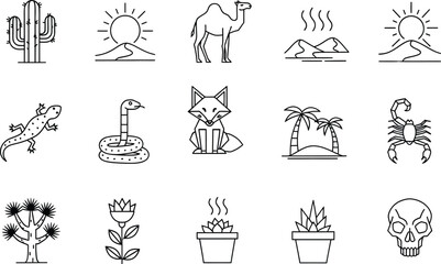 Obraz premium Simple black and white icons representing desert life and landscape elements