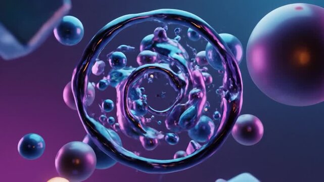 Abstract digital art with glowing spheres, cubes, and a swirling torus on a dark background