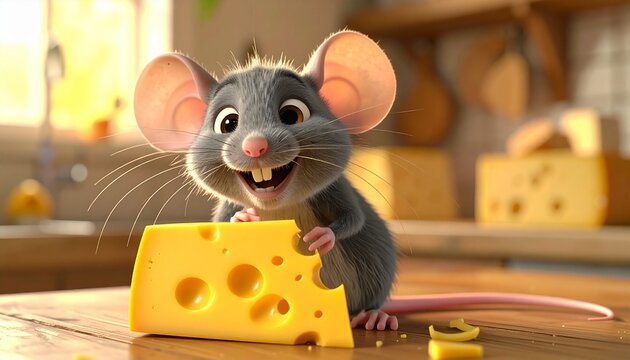 Happy Mouse Enjoying Cheese in Kitchen.