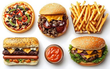 A variety of fast food items including pizza burgers hot dog and fries arranged on a white background with a small bowl of ketchup