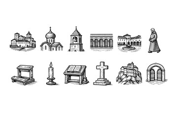 Obraz premium Vintage black and white sketch icon set of religious architecture and objects including churches, bell tower, arches, candle, bible, cross, organ