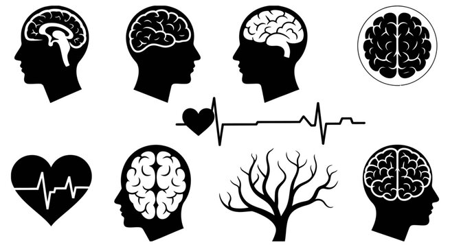 Medical illustration of brain anatomy and nervous system with neural pathways, heartbeat line, and human head profile, highlighting cognition, heart health, and human physiology concepts.
