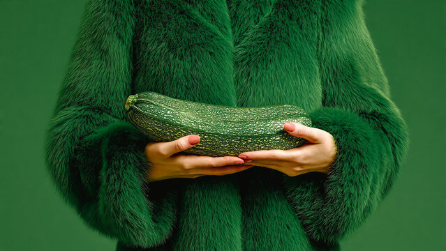 Femme portant un manteau en fourrure vert tenant une courgette verte dans ses mains