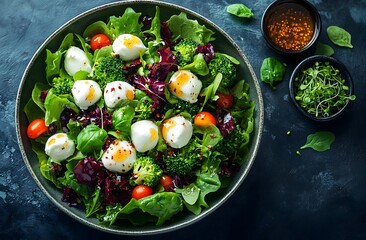 A vibrant salad with fresh greens broccoli tomatoes and mozzarella cheese served in a large bowl with two small bowls of microgreens and seasoning on the side