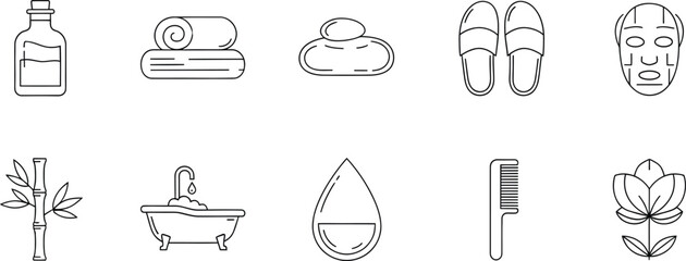 A collection of wellness, beauty, and relaxation spa icons in simple line art style