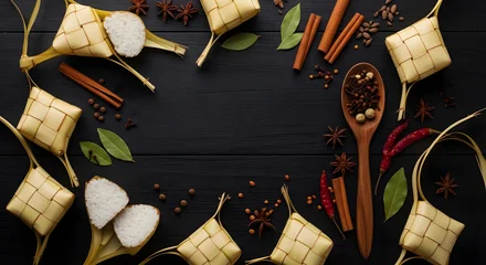Festive Eid Al-Fitr Food Concept with Authentic Ketupat and Wooden Spoon on Dark Wood Background for Greeting Card Template © Wilanda