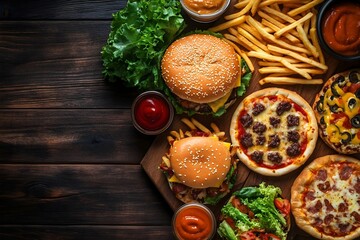 A variety of fast food items including burgers, pizzas, fries, and condiments arranged on a wooden table