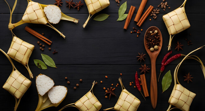 Festive Eid Al-Fitr Food Concept with Authentic Ketupat and Wooden Spoon on Dark Wood Background for Greeting Card Template