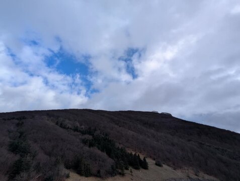 Pendio montano con alberi spogli e conifere sparse, illuminato da luce naturale sotto un cielo nuvoloso con aperture di azzurro