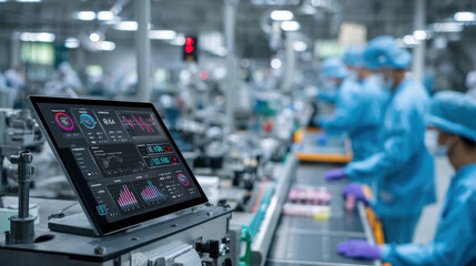 Laptop with Digital Dashboard Monitors Production Line Data, Optimizing Manufacturing Efficiency in a Modern Industrial Facility