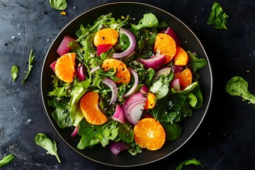 A vibrant and healthy salad with mixed greens oranges and red onions in a black bowl on a dark background with scattered leaves around it