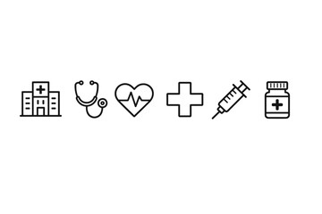Minimal line icon set of hospital building, stethoscope, heart monitor, medical cross, syringe injection, and medicine bottle for healthcare concepts