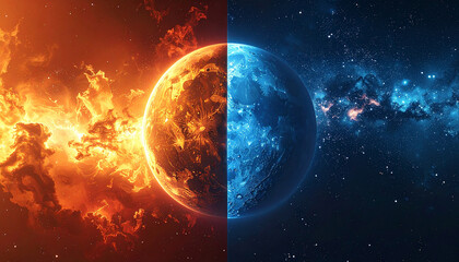 Obraz premium Earth split between water and fire symbolizing climate change 654