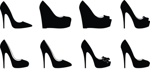 Black High Heel Shoes Silhouette Vector Set Featuring Various Elegant Stiletto Pumps Wedges and Platforms for Fashion Footwear Design Elements,