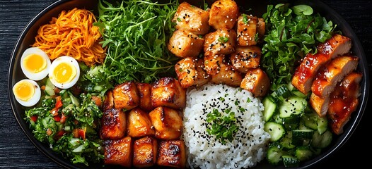 A vibrant and nutritious bowl of food with grilled chicken salad greens rice eggs and vegetables arranged artfully on a dark wooden table