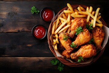 A tasty basket of fried chicken and fries served with ketchup on a wooden table