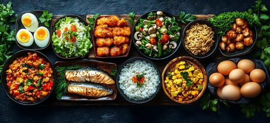A variety of healthy food dishes arranged on a dark surface including fish rice eggs and vegetables in bowls and plates