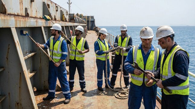 Ship maintenance crew inspecting vessel structure under sunlight  