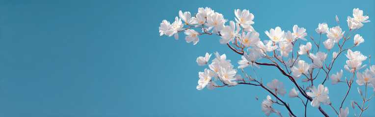 White Wild Roses In Full Bloom Against Turquoise Blue Sky Banner Composition