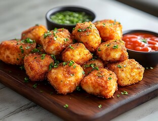 A plate of crispy fried food with green herbs on top served with dipping sauces on a wooden board
