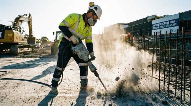 Construction worker operating pneumatic drill at construction site  