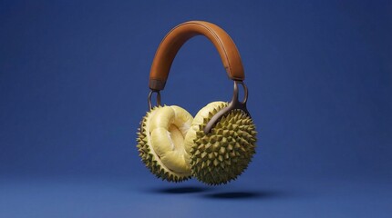 Surreal illustration of high-end over-ear headphones with spiky durian fruit earcups