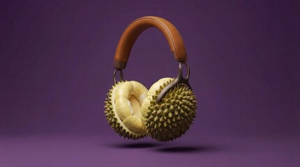 Surreal illustration of high-end over-ear headphones with spiky durian fruit earcups