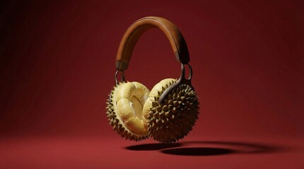Surreal illustration of high-end over-ear headphones with spiky durian fruit earcups