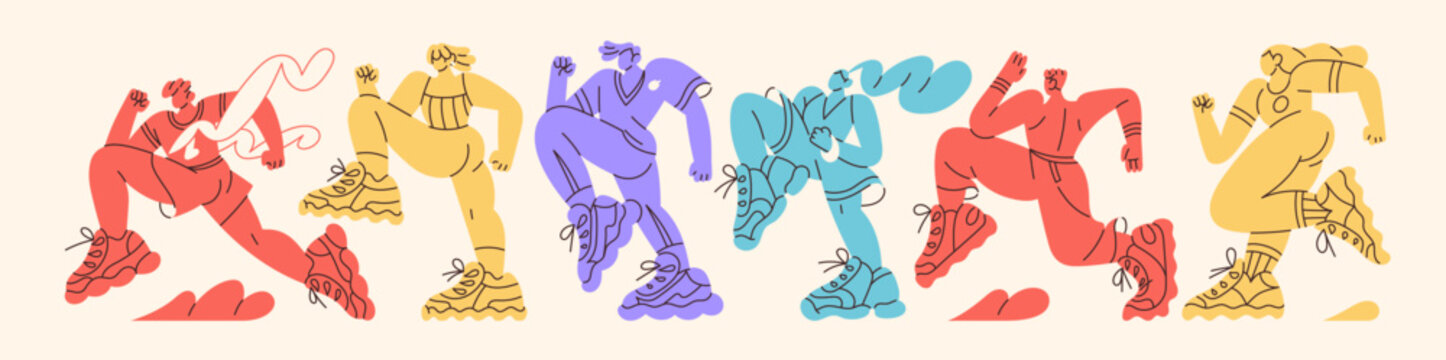Colourful silhouettes of runners crossing finish line. Group of joggers runs to winning. Athletes are jogging. Sportsmen are rushing in competition. Flat isolated contour vector illustration on white
