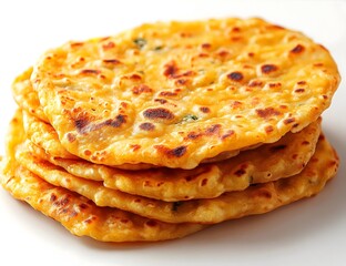 A stack of toasted and slightly charred flatbreads on a white background