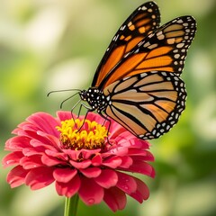 Obraz premium Monarch butterfly on a pink zinnia flower in garden