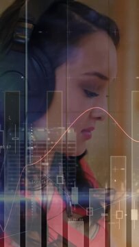 Vertical video: Singer reading lyrics, singing into mic for vocals, showing market chart overlay