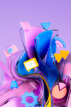 3D app icons float through dynamic abstract composition