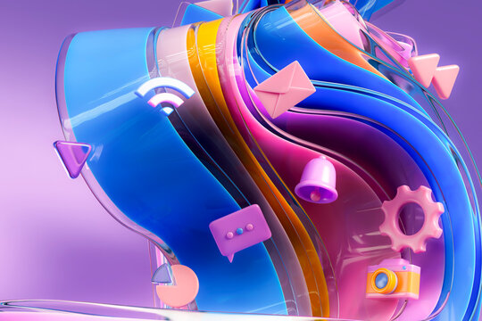 3D interface icons flow over abstract digital shapes