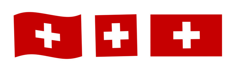 Fototapeta premium Set of Swiss flag icons featuring the national red square with a white cross in waving, square, and rectangular styles. Vector illustration of Switzerland flag icon set