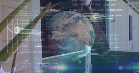 Fototapeta premium Displaying translucent Earth globe hovering over stable interior, with code overlays, horse head