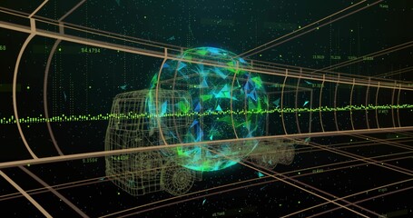 Fototapeta premium Hovering holographic globe projecting green waveform inside data tunnel, showing wireframe vehicle