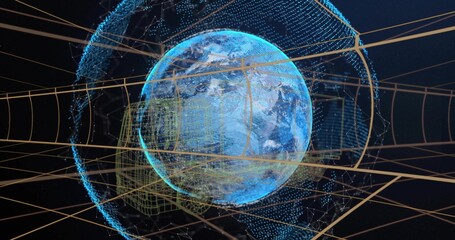 Fototapeta premium Displaying stylized Earth globe rotating in space, with blue point cloud halo, golden wires