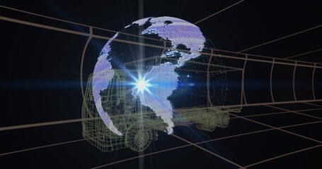 Fototapeta premium Rotating holographic globe hovering over wireframe truck in virtual schematic bay, with lens flare