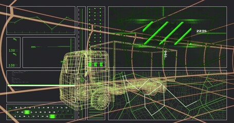 Rendering 3D wireframe truck cab and chassis moving on telemetry dashboard, with HUD windows © vectorfusionart