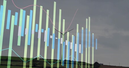 Overlaying green blue purple translucent bars and lines over rural fields with farm, showing bird